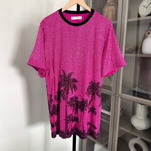 IN THE MOOD FOR LOVE Pink Black Palm Tree Sequin Shirt Dress XS Short Sleeve